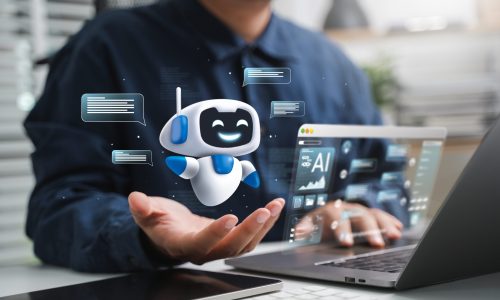 AI content creation tools: Man uses laptop with AI assistant for graphic design, translation, chatbot, image creation, coding, and advertising.