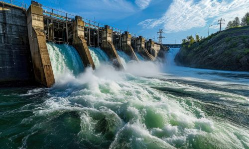hydroelectric dam on a river with water flowing through the turbines.